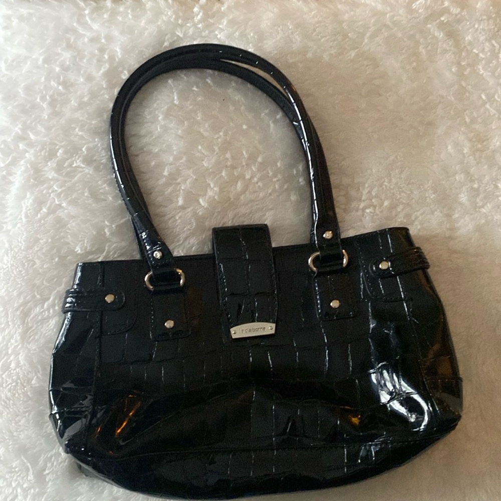 Black patent leather, Liz Claiborne bag with silver accents